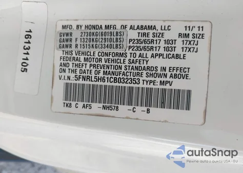 2012 Honda Odyssey Ex-L z USA, uszkodzony, nr VIN 5FNRL5H61CB032353
